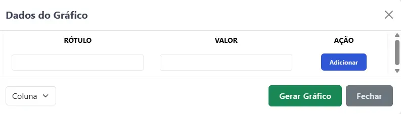 Interface simplificada do gerador de gráficos mostrando os campos de rótulo e valor